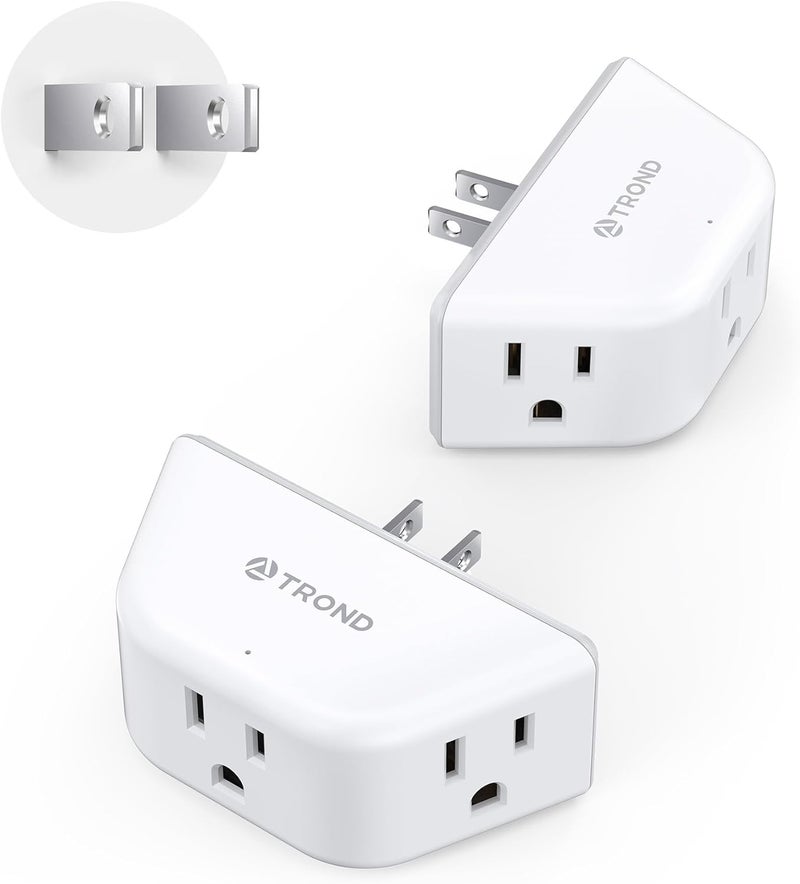 TROND 2 Prong to 3 Prong Outlet Adapter 2 Pack, 3-Way Angled Wall Extender with 3 AC Sockets, Plug Expander for Non-Grounded Outlets in Old House, Cruise Ship Essentials, White - Image 1